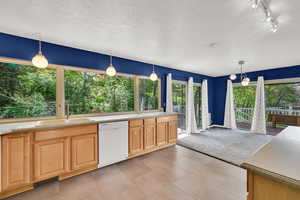 Open and spacious kitchen with huge windows to gorgeous back yard view