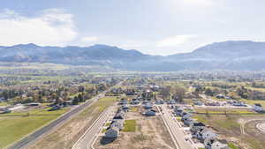 Aerial perspective of suburban area with mountains