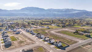Aerial view of residential area with a mountain backdrop