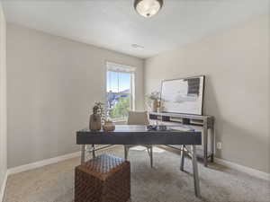 Home office featuring light carpet