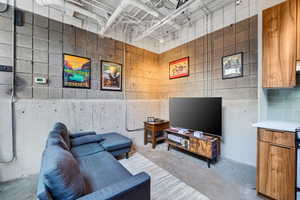 Living room featuring unfinished concrete flooring