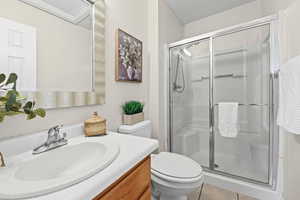 Owner suite bathroom featuring tile flooring, updated mirror, vanity and a stall shower with a handheld shower head