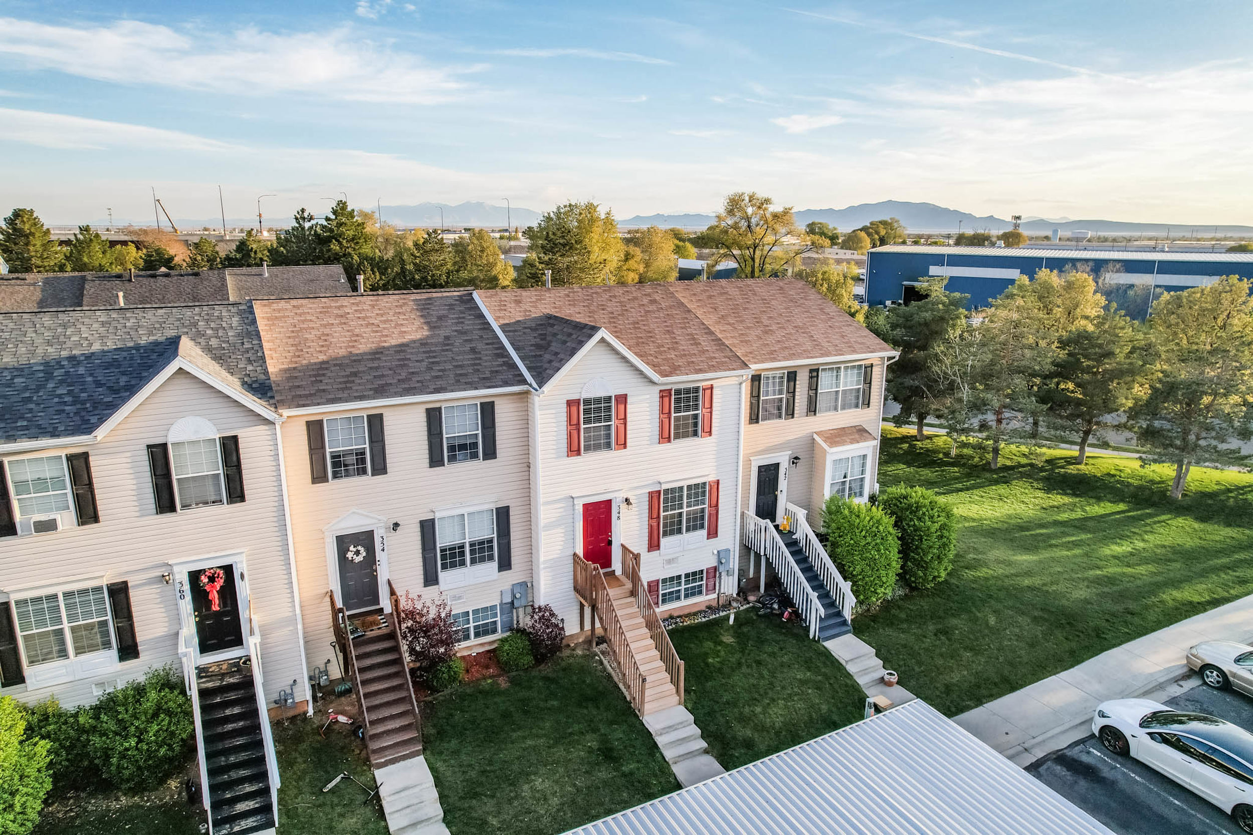 Drone view of the front of the property