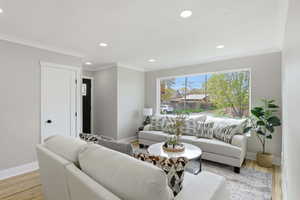 Living area featuring light wood-style flooring, recessed lighting, and crown molding