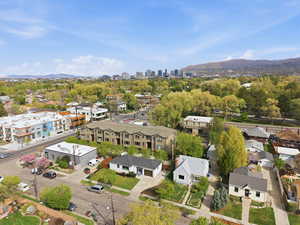 Bird's eye view of a mountainous background and skyline
