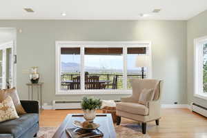 Living room with baseboard heating, light wood-style floors, and a mountain view