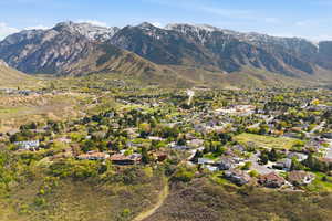 Aerial view of residential area with mountains