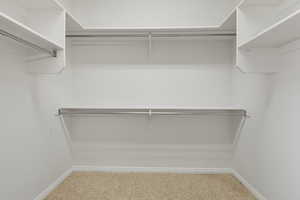 Walk in closet featuring light colored carpet