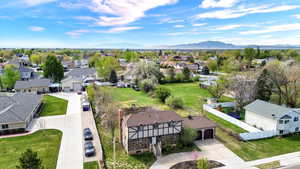 Aerial perspective of suburban area with mountains