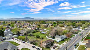 Aerial perspective of suburban area featuring mountains