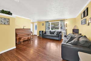 Living room featuring ornamental molding, dark wood-style floors, and a textured ceiling