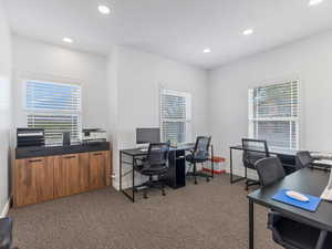 Office with dark colored carpet and recessed lighting