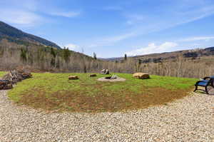 View of yard featuring a fire pit, a mountain view, and a view of trees