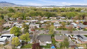 Aerial perspective of suburban area with mountains