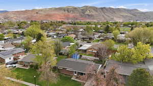 Aerial view of residential area with mountains