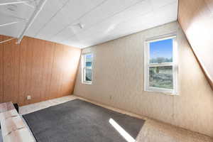 Unfurnished room with carpet floors and wooden walls