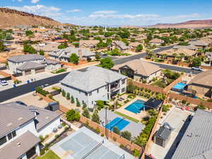 Aerial perspective of suburban area featuring mountains