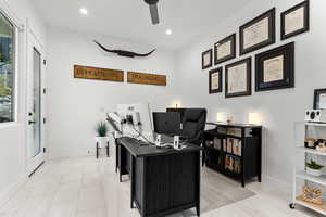 Home office with recessed lighting and a ceiling fan