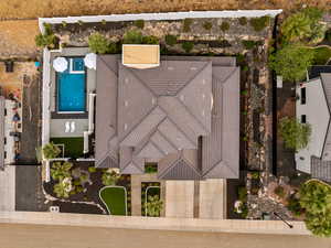 View from above of property featuring a pool