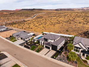 Aerial perspective of suburban area with mountains