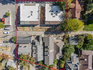 Aerial perspective of suburban area with property parcel outlined