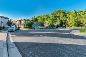 View of asphalt street with sidewalks, curbs, and a residential view