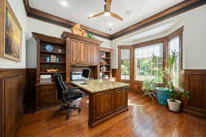 Office space featuring wainscoting, a ceiling fan, dark wood-style floors, built in study area, and wood walls