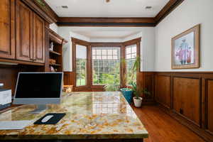 Office with wainscoting and dark wood-type flooring