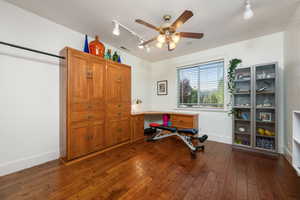 Workout area featuring rail lighting, dark wood-type flooring, and a ceiling fan