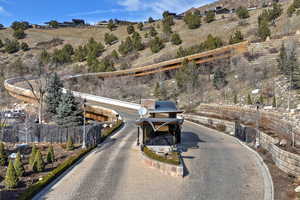 View of asphalt street featuring street lights