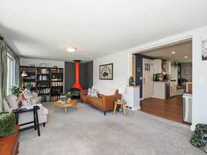 Family room featuring carpet flooring and a retro wood stove