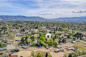 Aerial view of residential area with mountains