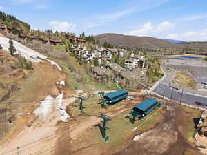 Aerial view of residential area with mountains