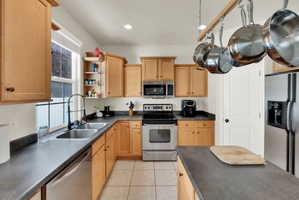 Kitchen with dark countertops, stainless steel appliances, light wood finish cabinets, and recessed lighting