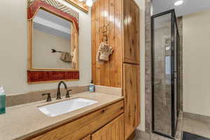 Bathroom featuring a shower stall and vanity