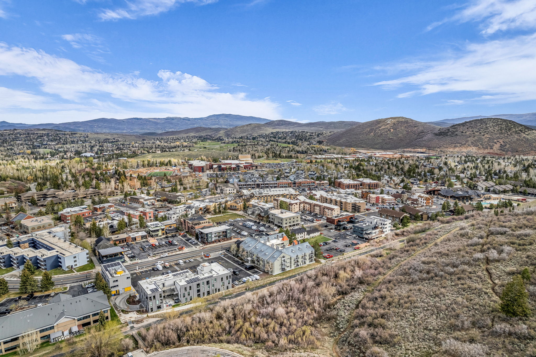 Drone / aerial view of a mountainous background