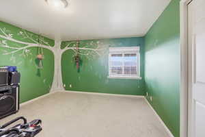 Exercise area with baseboards and carpet