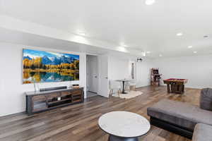 Living area with dark wood-type flooring and recessed lighting
