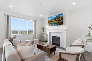 Living room featuring wood finished floors, a fireplace, and recessed lighting