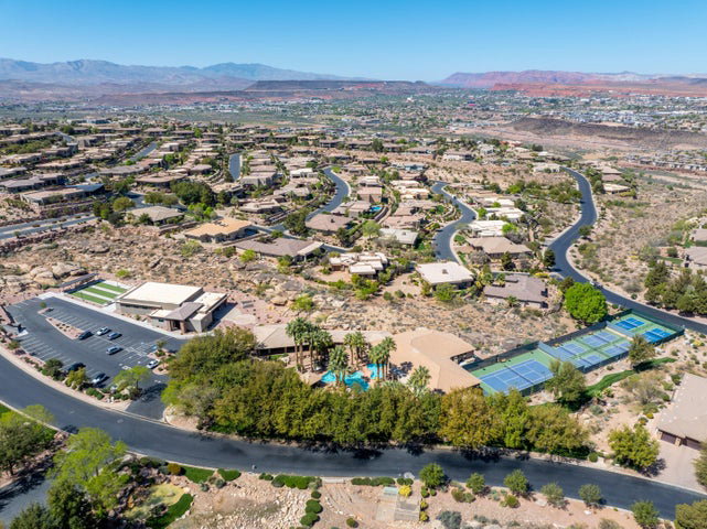 Aerial overview of property's location with mountains