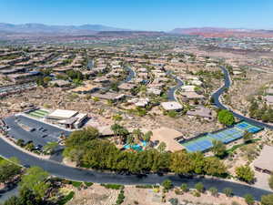Aerial overview of property's location with mountains