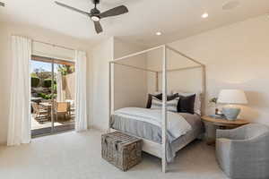 Bedroom with access to outside, light carpet, a ceiling fan, and recessed lighting