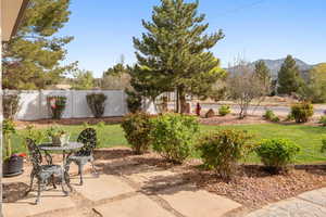 View of yard with a mountain view and a patio area