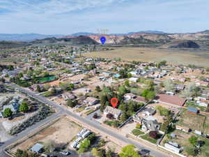 Aerial perspective of suburban area featuring mountains