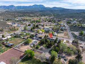 Aerial view of residential area with a mountainous background