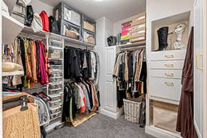 Walk in closet with light carpet