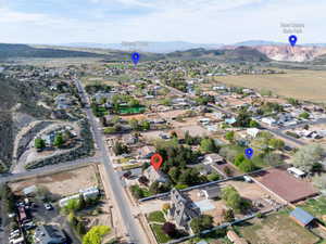 Aerial perspective of suburban area with mountains
