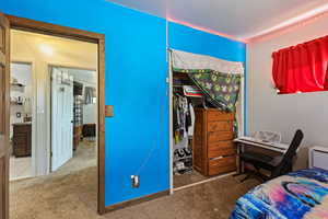 Carpeted bedroom with a closet