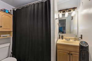 Full bath with vanity and a shower with curtain