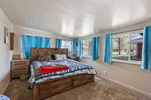 Bedroom with baseboards and dark colored carpet